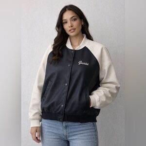 Guess Women's Varsity Jacket in Black and Cream
